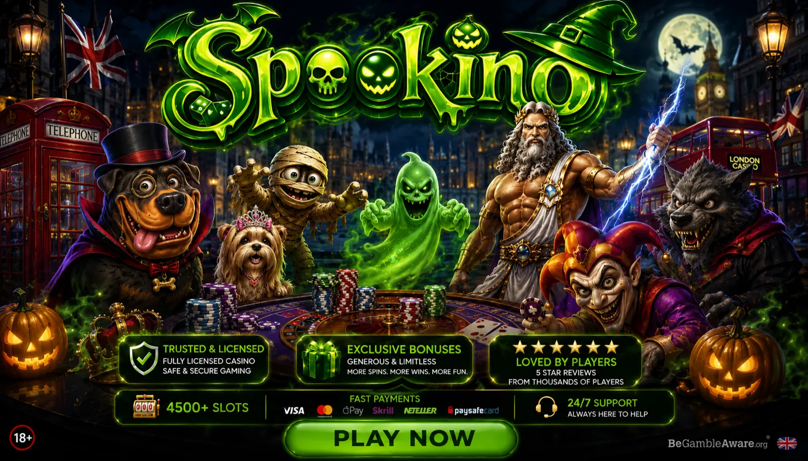 Spookino casino welcome bonus — 100% up to £500 + 200 free spins